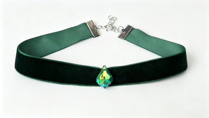 Hand Made Bottle Green Velvet Choker, with Drop Crystal Pendant. Victorian Gothic Gift