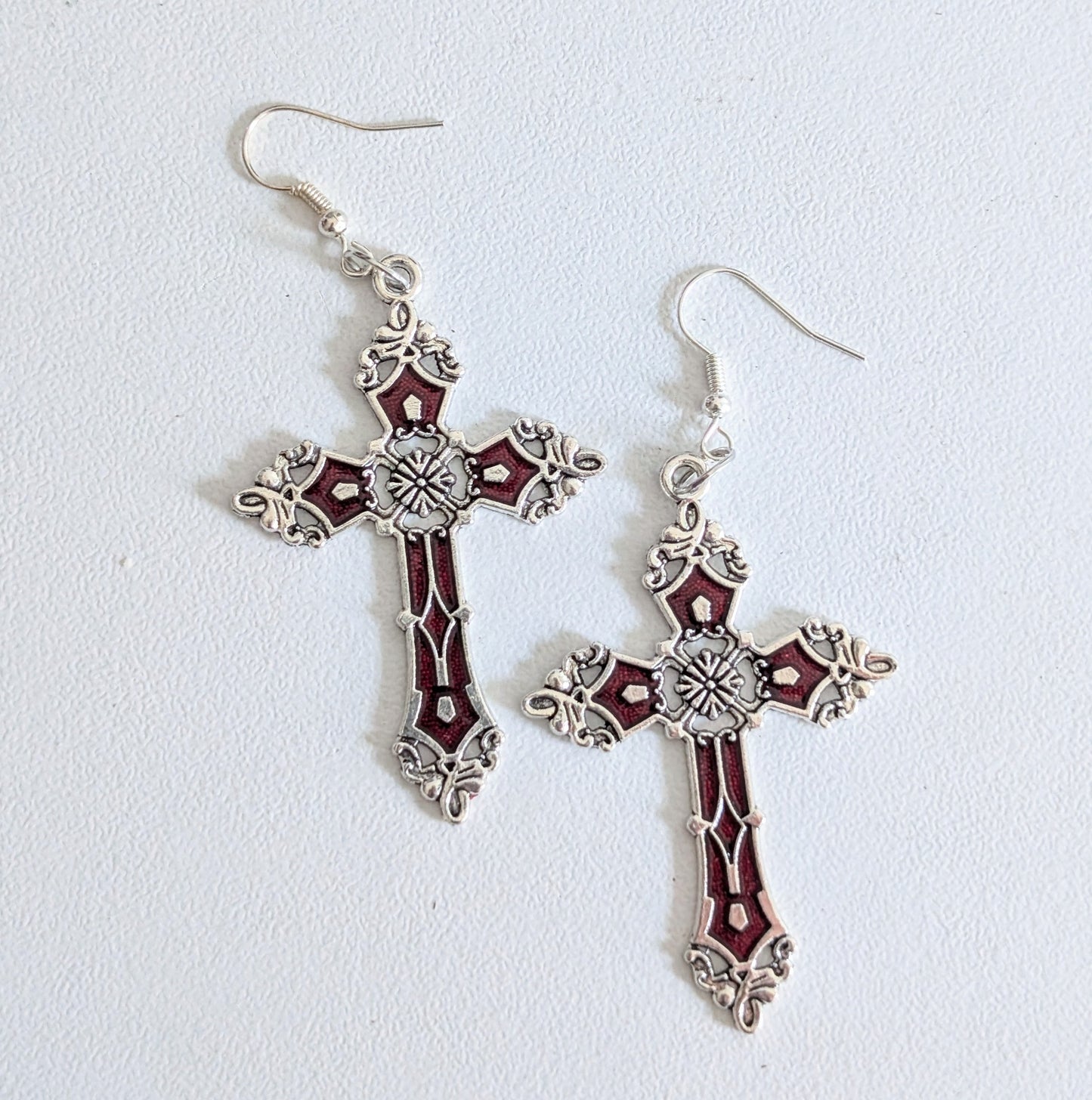 Hand-made red and silver large crucifix drop dangle earrings. Gothic Vampire Gift