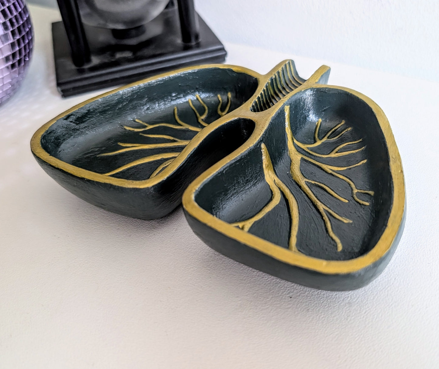 Hand cast Forest Green+ Gold Human Lungs Jewellery Trinket. Dark Aesthetic Home Decor Gift