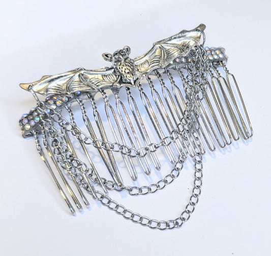 Handmade Silver Metal-Tone Gothic Bat, Chains, and Diamante Decorative Hair Comb. Prom Wedding Gothic Accessory
