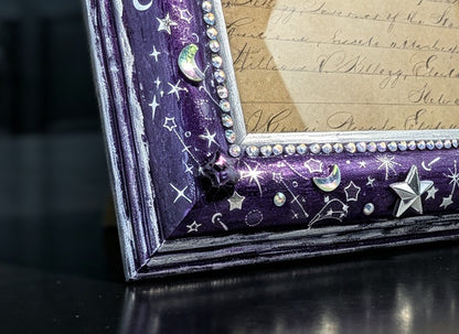 4 x 6" Picture Frame Portrait Freestanding. Metallic Purple and Silver Celestial with Diamante Design.