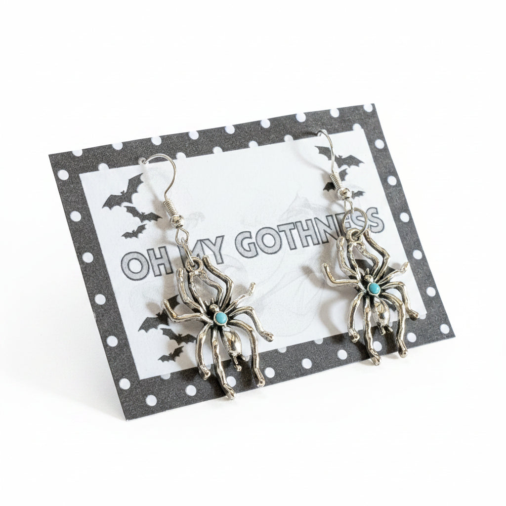 Handmade Silver-tone Metal and Turquoise Spider Dangle Drop Earrings. Spooky Gothic Gift
