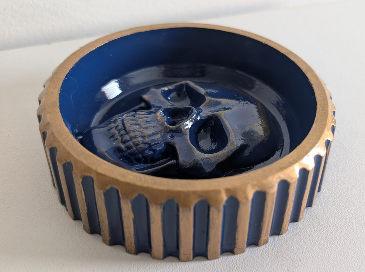 Hand Cast Chunky Blue & Antique Gold Skull Trinket Jewellery Dish Gothic Keepsake
