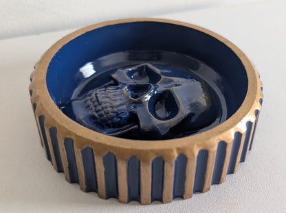 Hand Cast Chunky Blue & Antique Gold Skull Trinket Jewellery Dish Gothic Keepsake