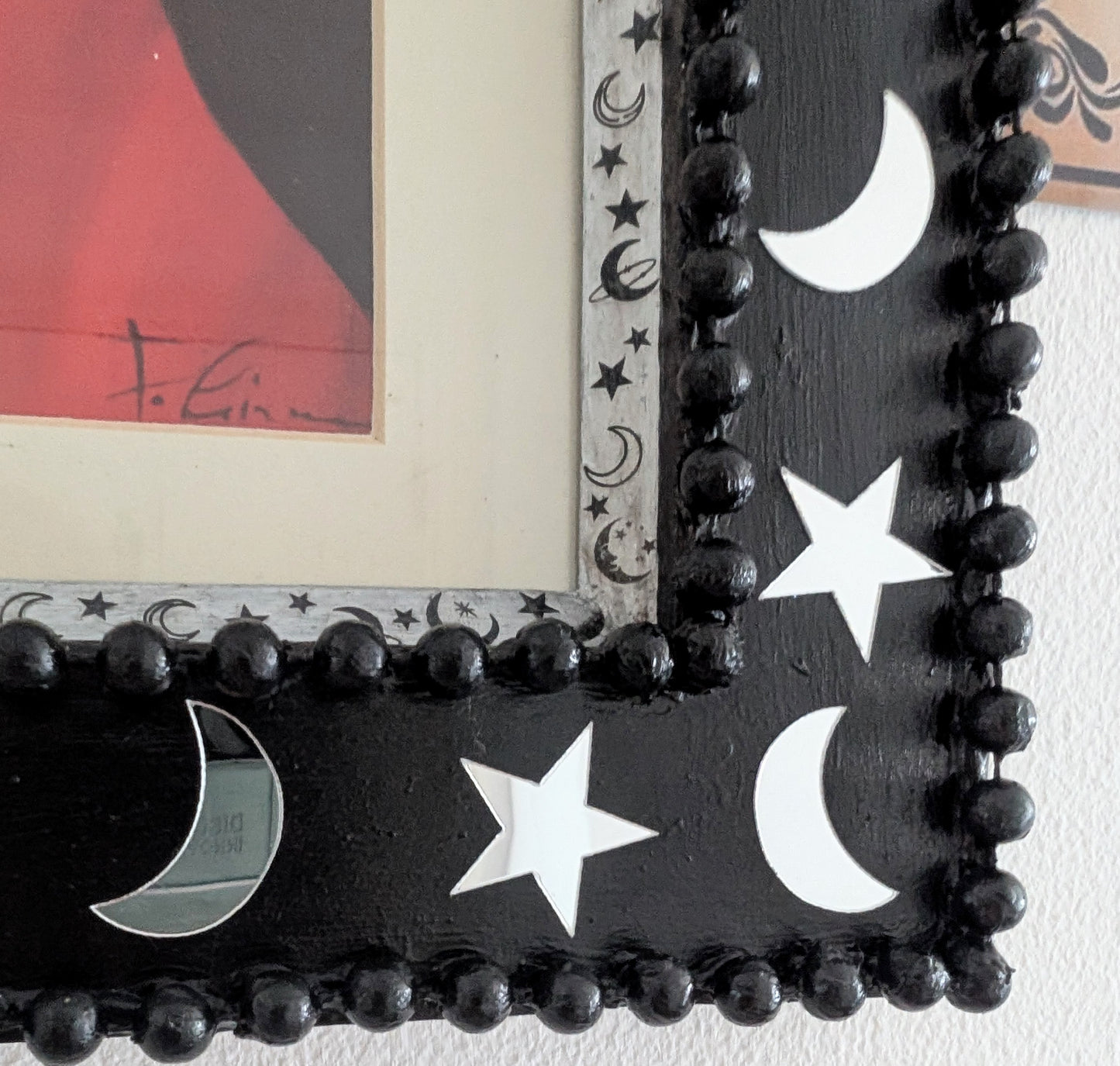 8 x 10" Portrait Wall Hanging Picture Frame. Hand painted Black and Embellished with Mirror Moon and Stars. Goth Home Decor Gift