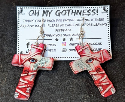 Creepy Hand Made Acrylic Cross Earrings Zombie, Cyclops, Mummy Horror Design