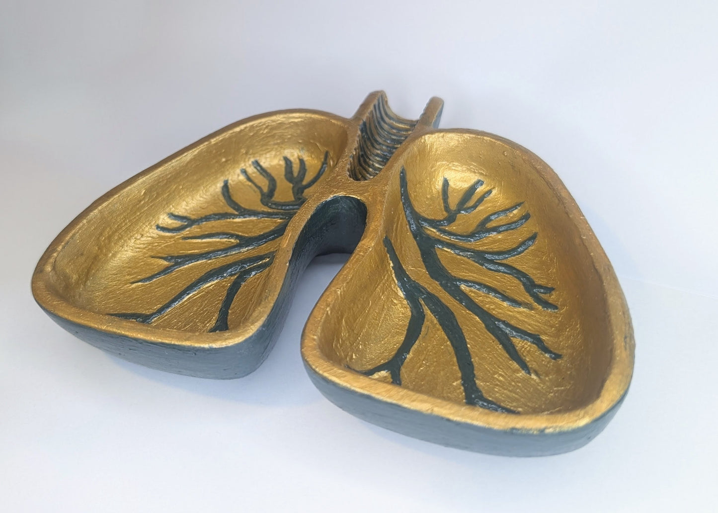 Hand cast Human Lungs Jewellery Trinket in Gold and Dark Green. Macabre Spooky Home Decor Gift