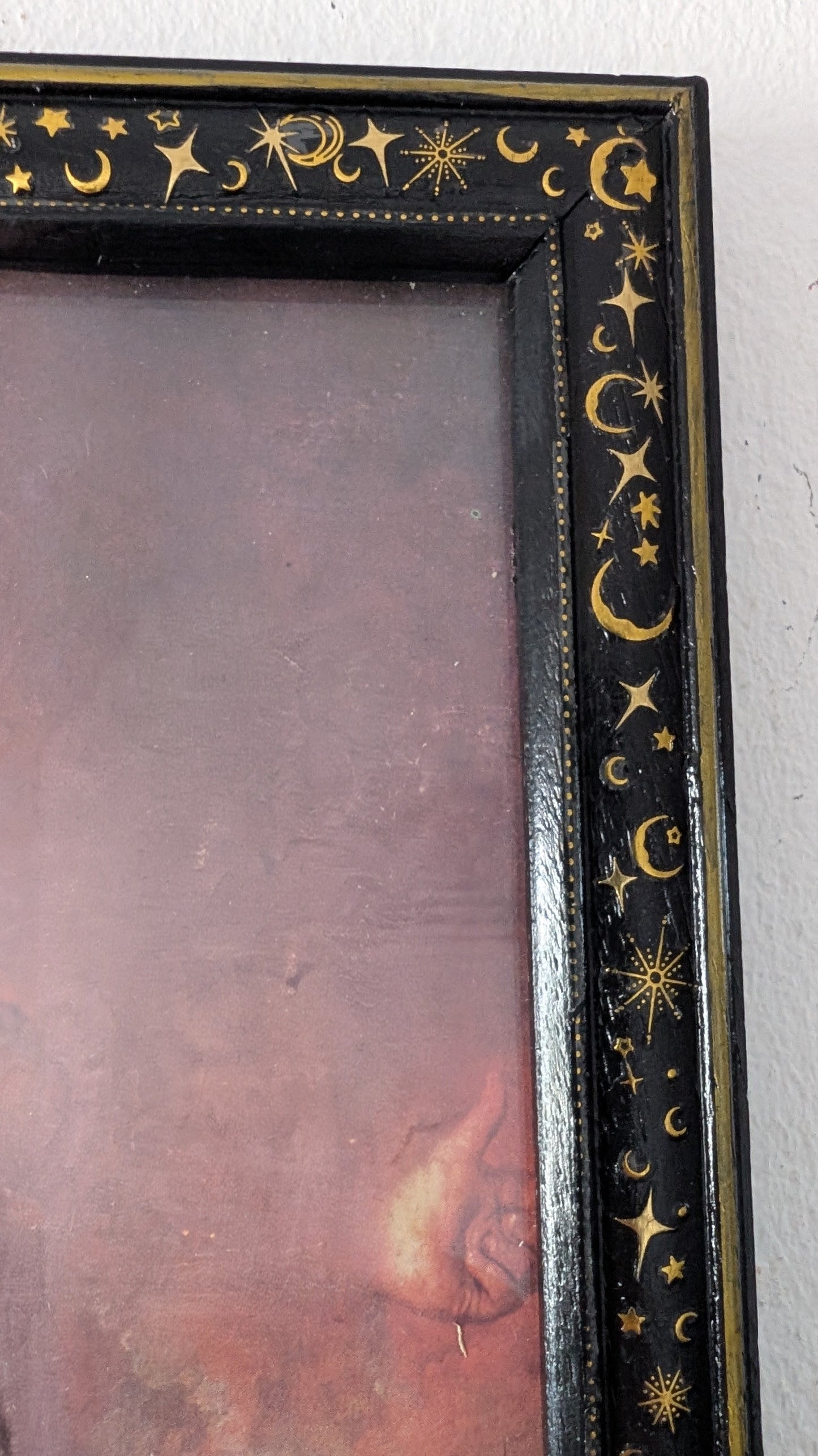 6 x 8 Portrait wall hanging picture frame. Moon and Stars in Black and Gold. Modern gothic home decor