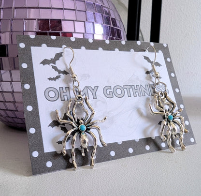 Handmade Silver-tone Metal and Turquoise Spider Dangle Drop Earrings. Spooky Gothic Gift