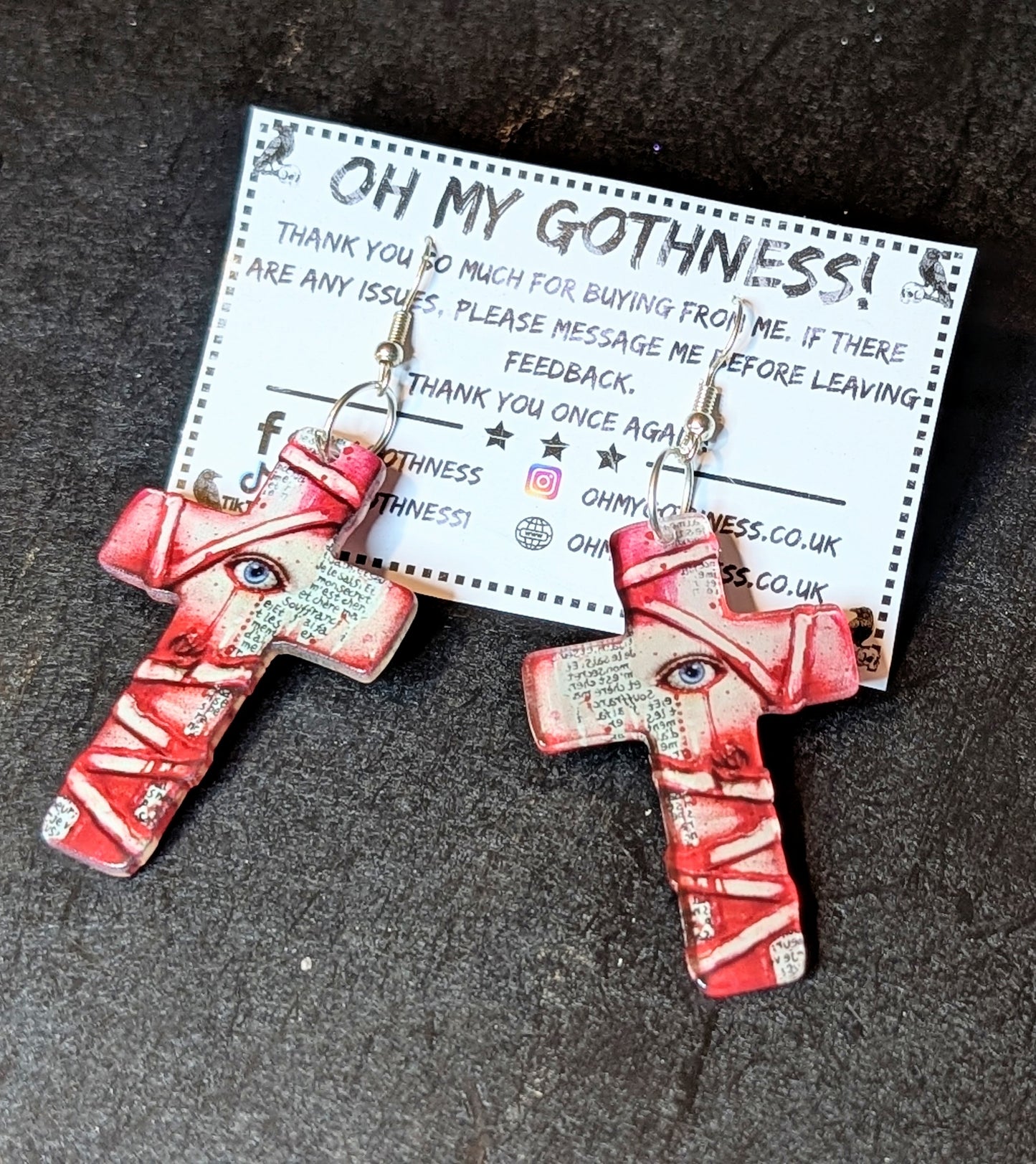 Creepy Hand Made Acrylic Cross Earrings Zombie, Cyclops, Mummy Horror Design