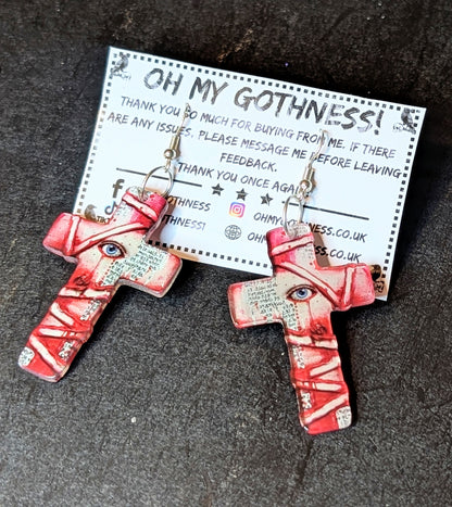 Creepy Hand Made Acrylic Cross Earrings Zombie, Cyclops, Mummy Horror Design
