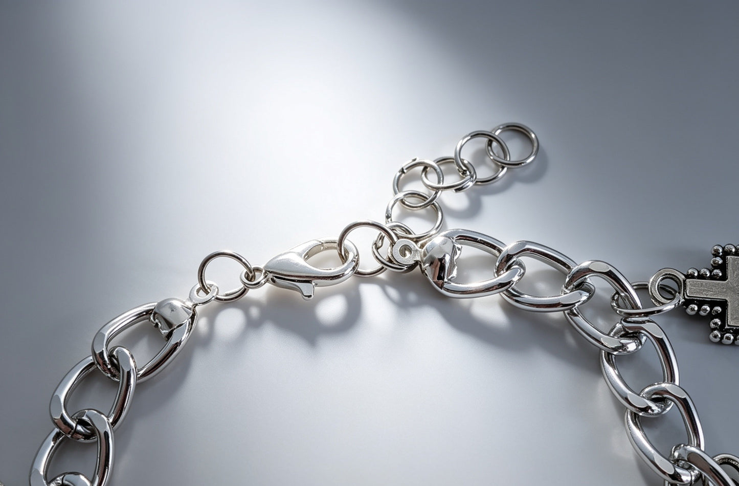 Hand Made Chunky Silver Tone Metal Chain Goth Charm Bracelet. Bat, Moon, Cross. Boxed Gift