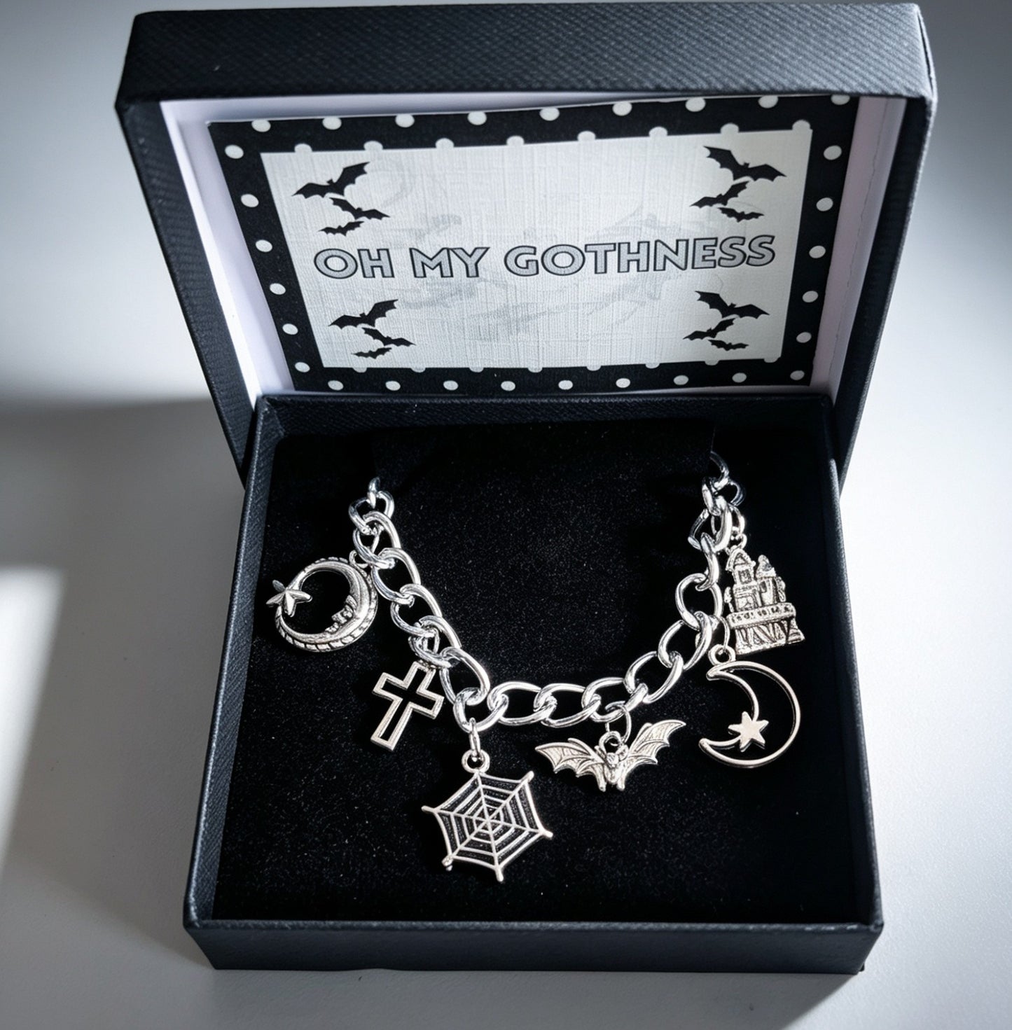 Hand Made Chunky Silver Tone Metal Chain Goth Charm Bracelet. Bat, Moon, Cross. Boxed Gift