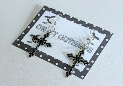 Handmade Black Diamante Cross Crucifix Dangle Drop Earrings. Goth Y2K Gift