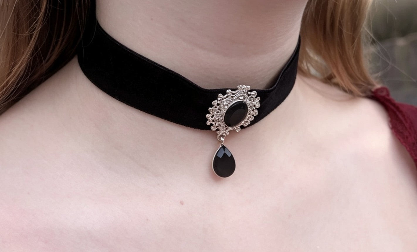 Hand Made Wide Black Velvet Choker With Decorative Black + Silver Drop Pendant. Gothic Accessory