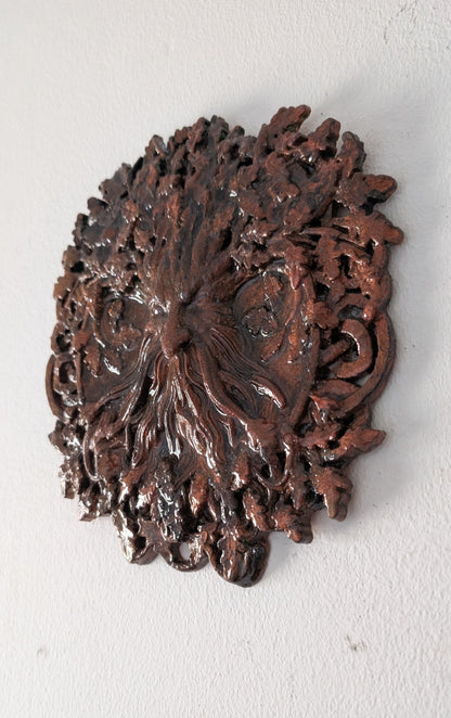 Handcast Green man wall hanging plaque in copper tones. Pagan Home Decor