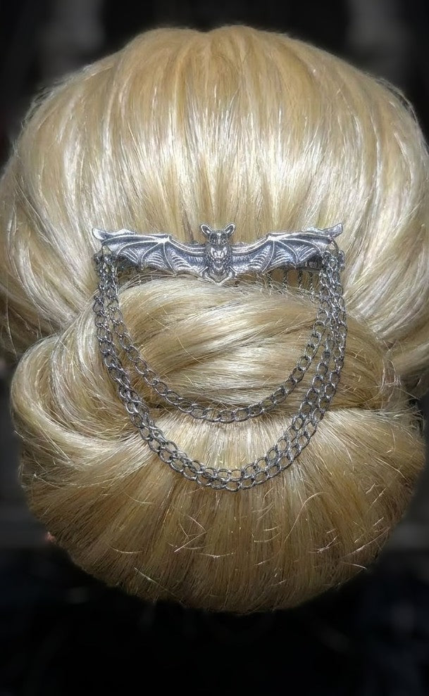 Handmade Silver Metal-Tone Gothic Bat, Chains, and Diamante Decorative Hair Comb. Prom Wedding Gothic Accessory