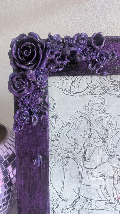 5 x 3.5" Portrait Picture Frame. Hand Painted metallic purple and Embellished With Roses, Skulls and Snakes. Gothic Home Decor Gift