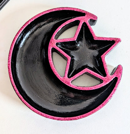 Hand cast moon and stars Jewellery Trinket Dish in black and glittery hot Pink. Gothic Home Decor Gift