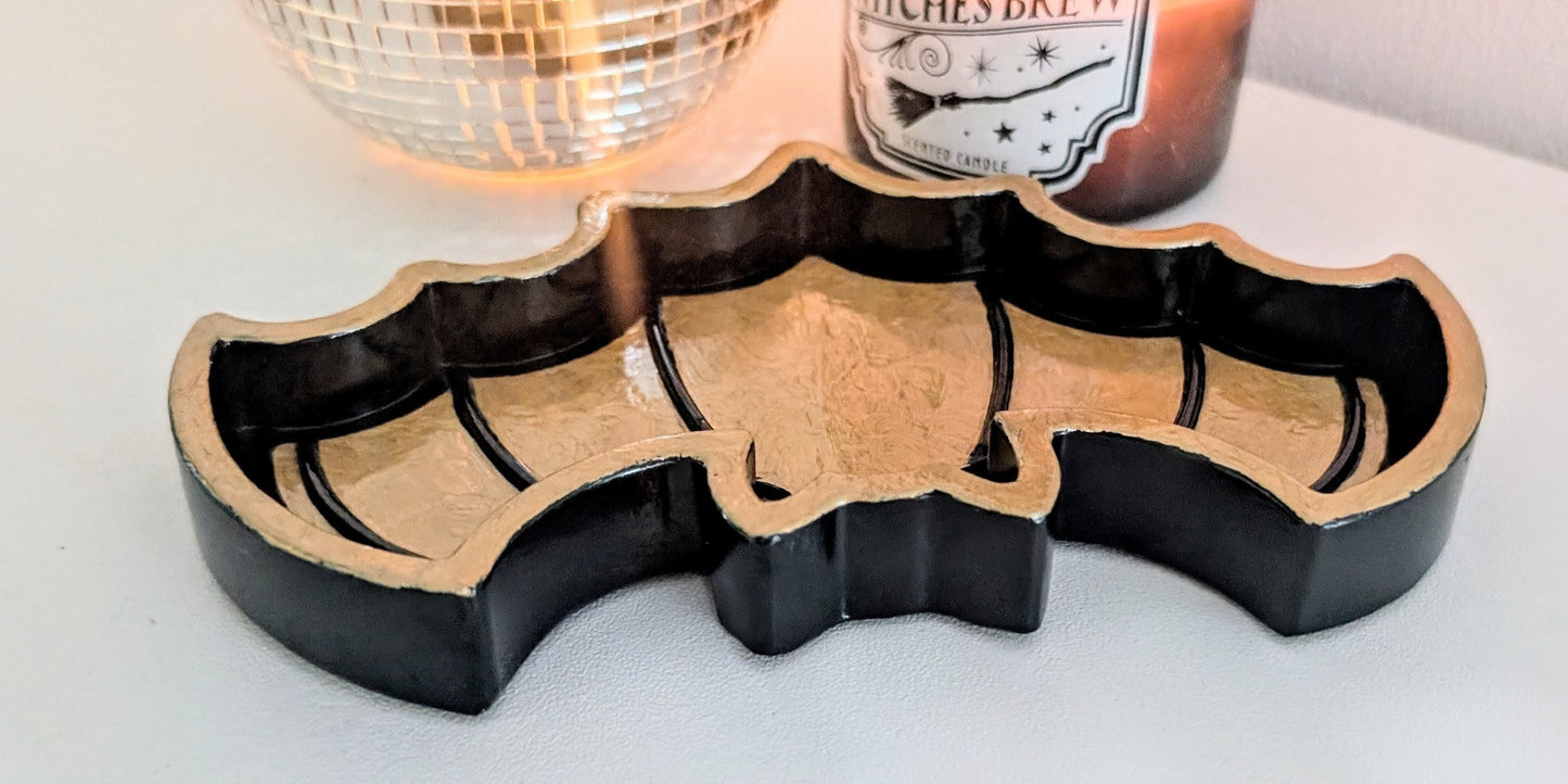 Hand Cast Gold and Dark Blue Bat Jewellery Holder Trinket. Gothic Home Decor