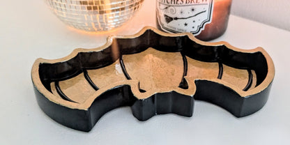 Hand Cast Gold and Dark Blue Bat Jewellery Holder Trinket. Gothic Home Decor