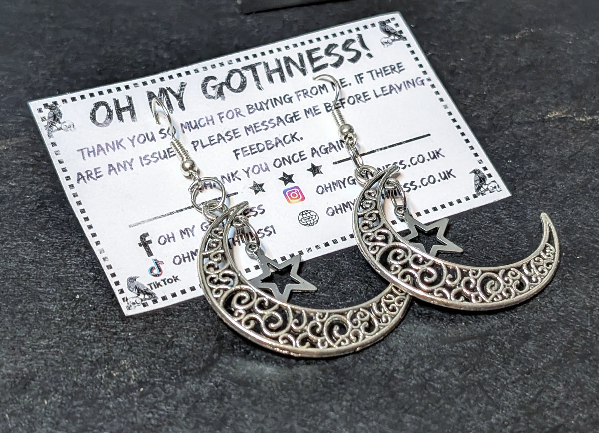 Gothic Hand Made Decorative Moon & Star Dangle Drop Earrings.