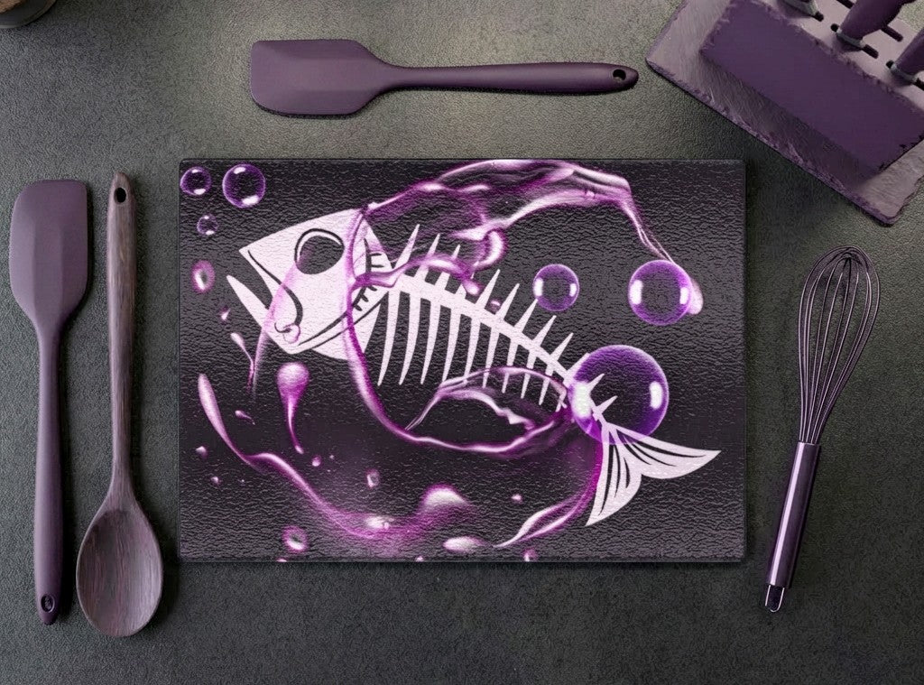 Tempered Glass Chopping Board Purple Fish Skeleton