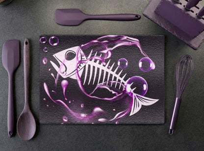 Tempered Glass Chopping Board Purple Fish Skeleton
