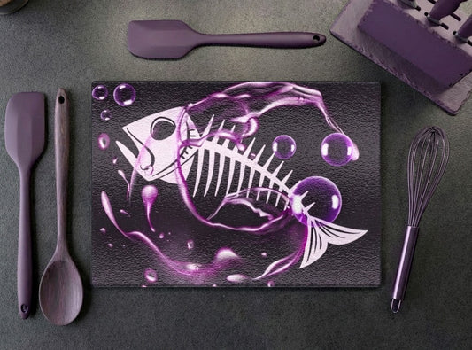 Tempered Glass Chopping Board Purple Fish Skeleton