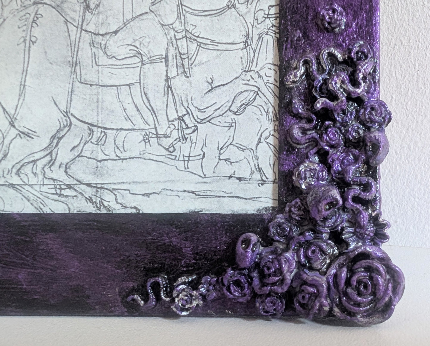 5 x 3.5" Portrait Picture Frame. Hand Painted metallic purple and Embellished With Roses, Skulls and Snakes. Gothic Home Decor Gift
