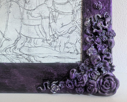 5 x 3.5" Portrait Picture Frame. Hand Painted metallic purple and Embellished With Roses, Skulls and Snakes. Gothic Home Decor Gift