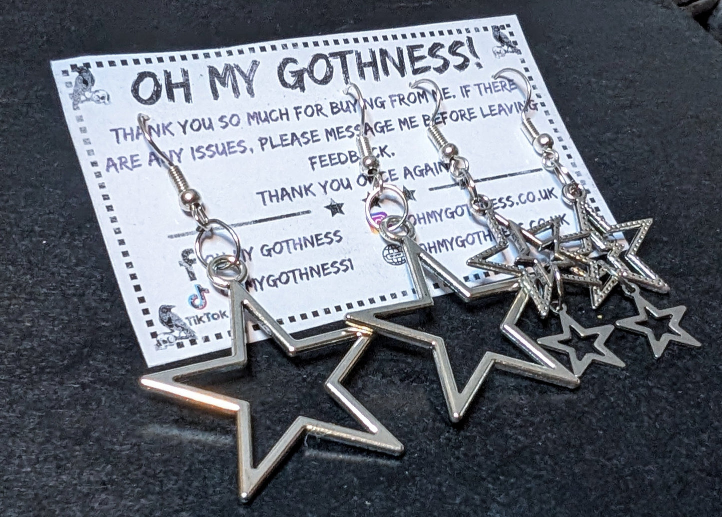 2 Pairs of Handmade Gothic Star Dangle Drop Earrings.