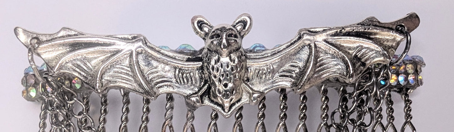 Handmade Silver Metal-Tone Gothic Bat, Chains, and Diamante Decorative Hair Comb. Prom Wedding Gothic Accessory