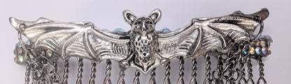 Handmade Silver Metal-Tone Gothic Bat, Chains, and Diamante Decorative Hair Comb. Prom Wedding Gothic Accessory