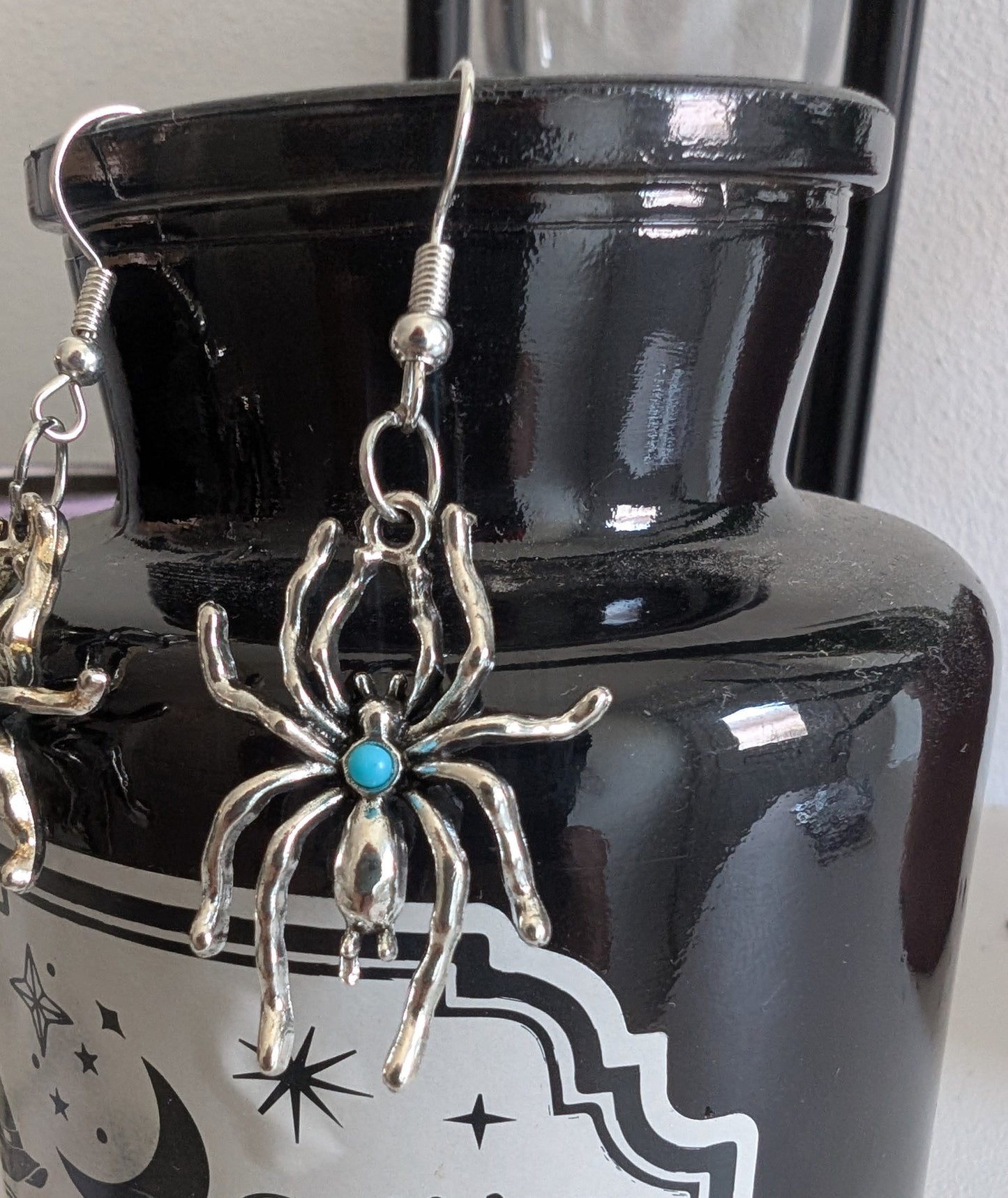 Handmade Silver-tone Metal and Turquoise Spider Dangle Drop Earrings. Spooky Gothic Gift