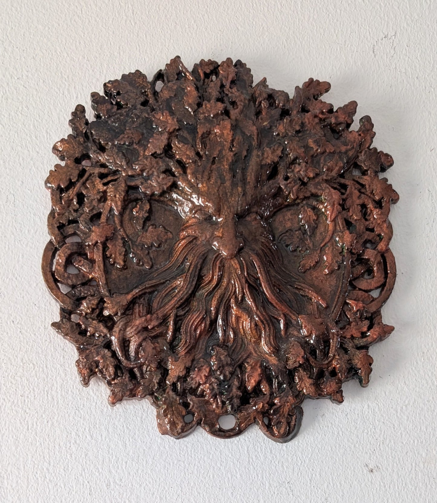 Handcast Green man wall hanging plaque in copper tones. Pagan Home Decor
