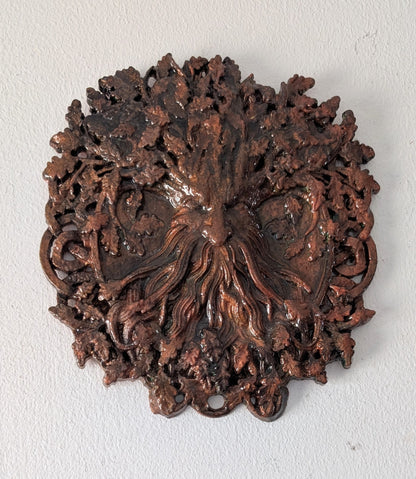 Handcast Green man wall hanging plaque in copper tones. Pagan Home Decor