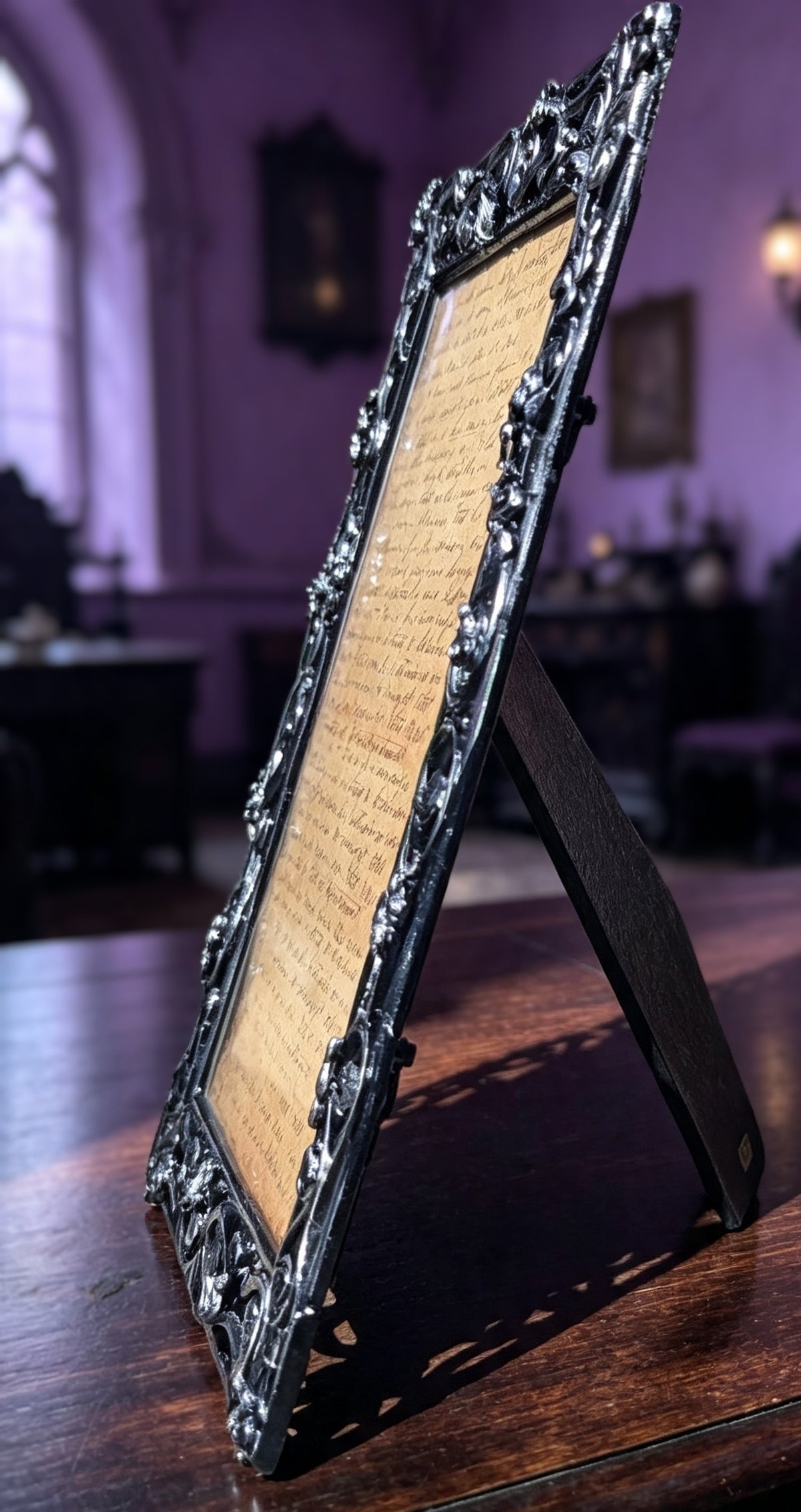 5 x 7" Free-Standing Metal Picture Frame. Hand Painted Black Distressed Style with Ornate Snake detailing..