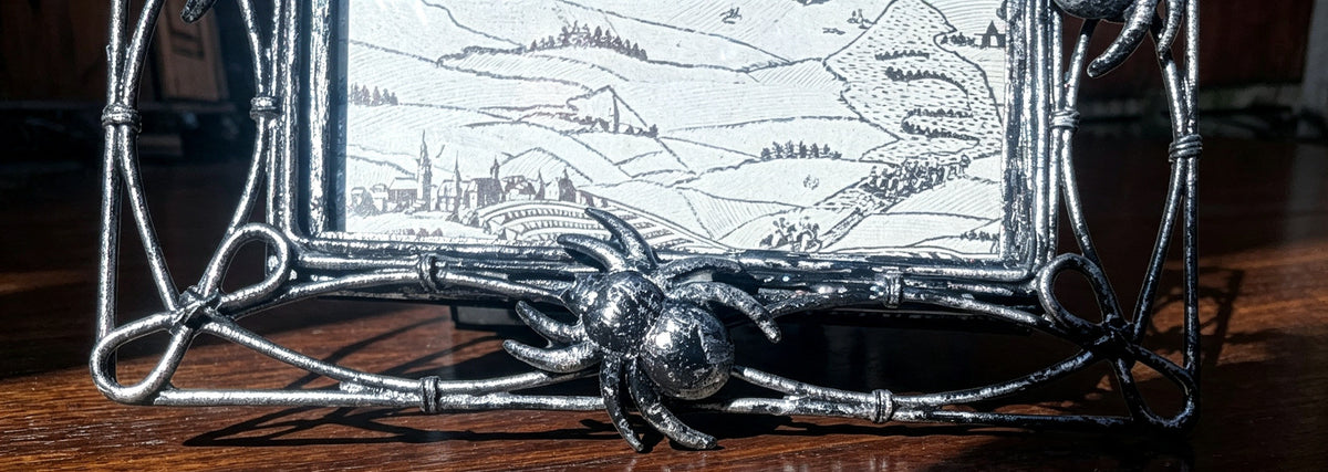 6 x 4" Black and Silver Distressed Metal Picture Frame With Creeping Spiders. Gothic Home Decor