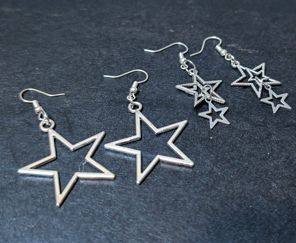 2 Pairs of Handmade Gothic Star Dangle Drop Earrings.