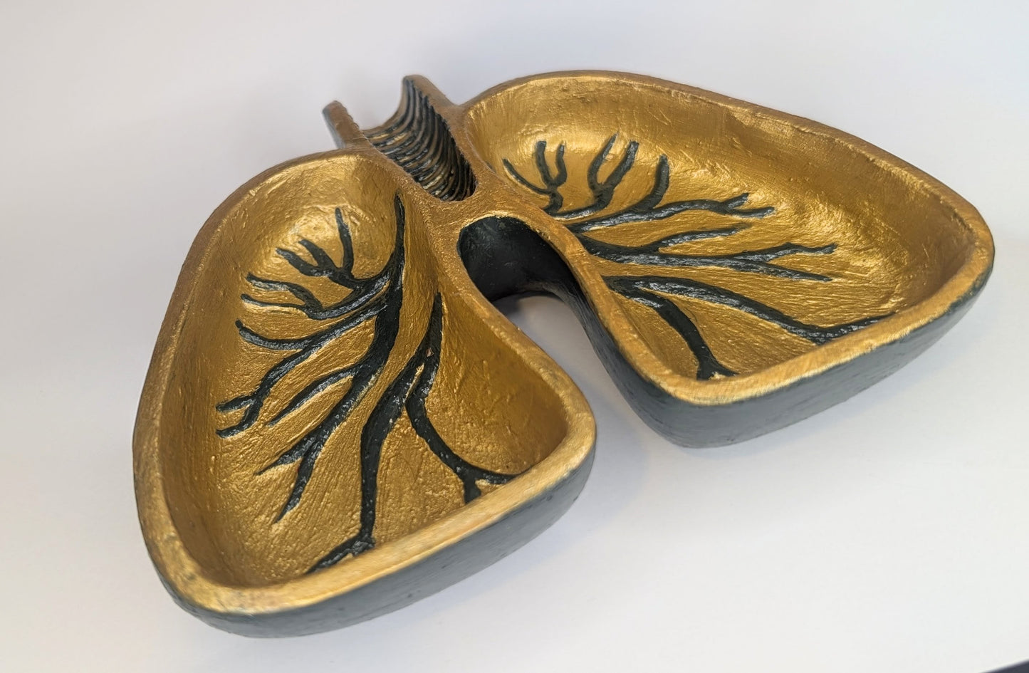 Hand cast Human Lungs Jewellery Trinket in Gold and Dark Green. Macabre Spooky Home Decor Gift