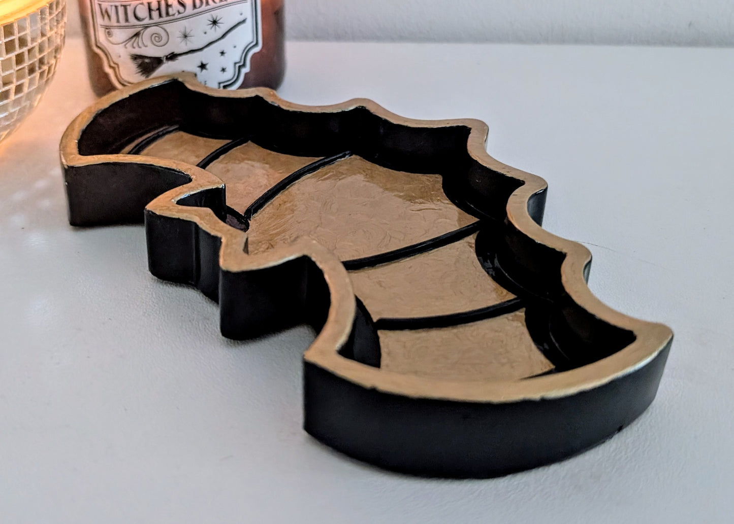 Hand Cast Gold and Dark Blue Bat Jewellery Holder Trinket. Gothic Home Decor