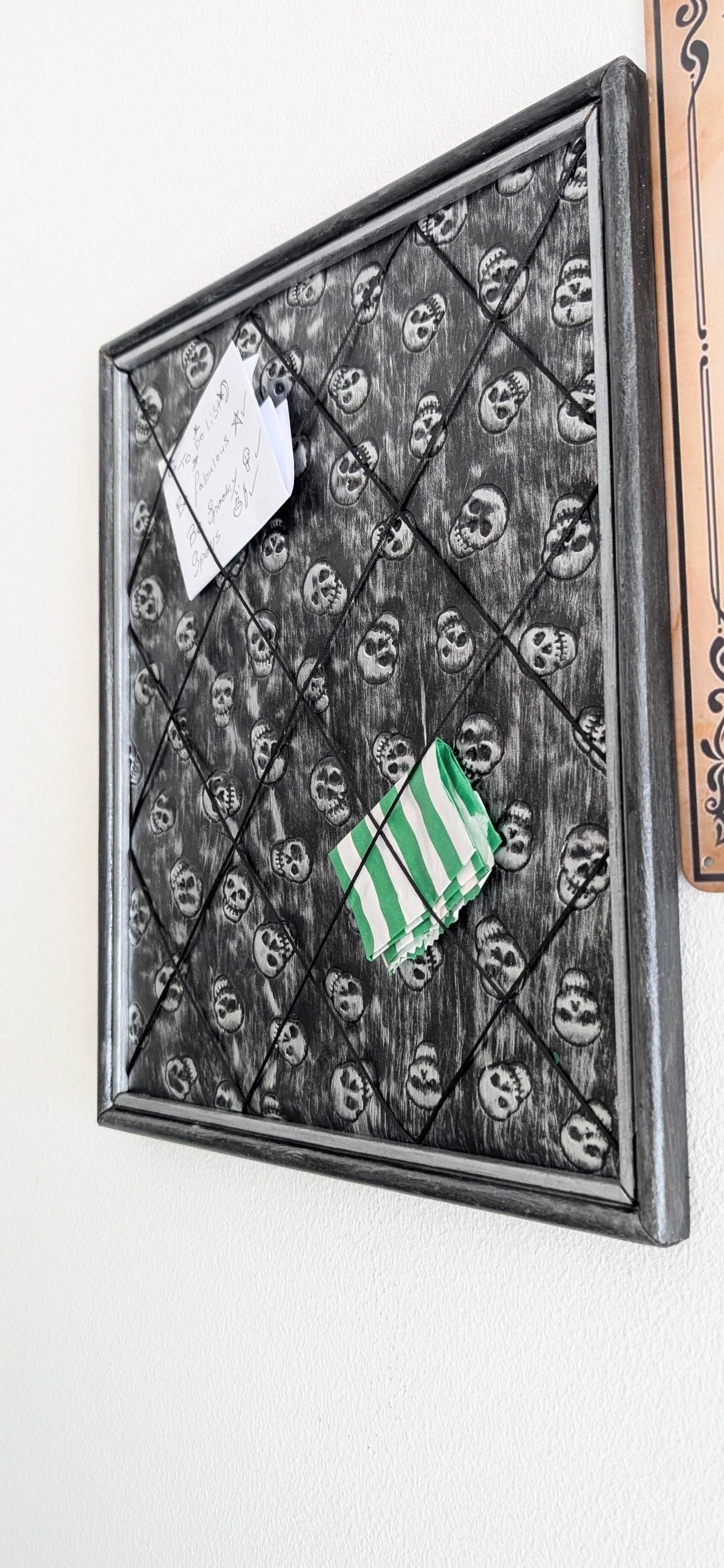 Memo pin board Black Silver Skulls. Gothic Horror Home Decor