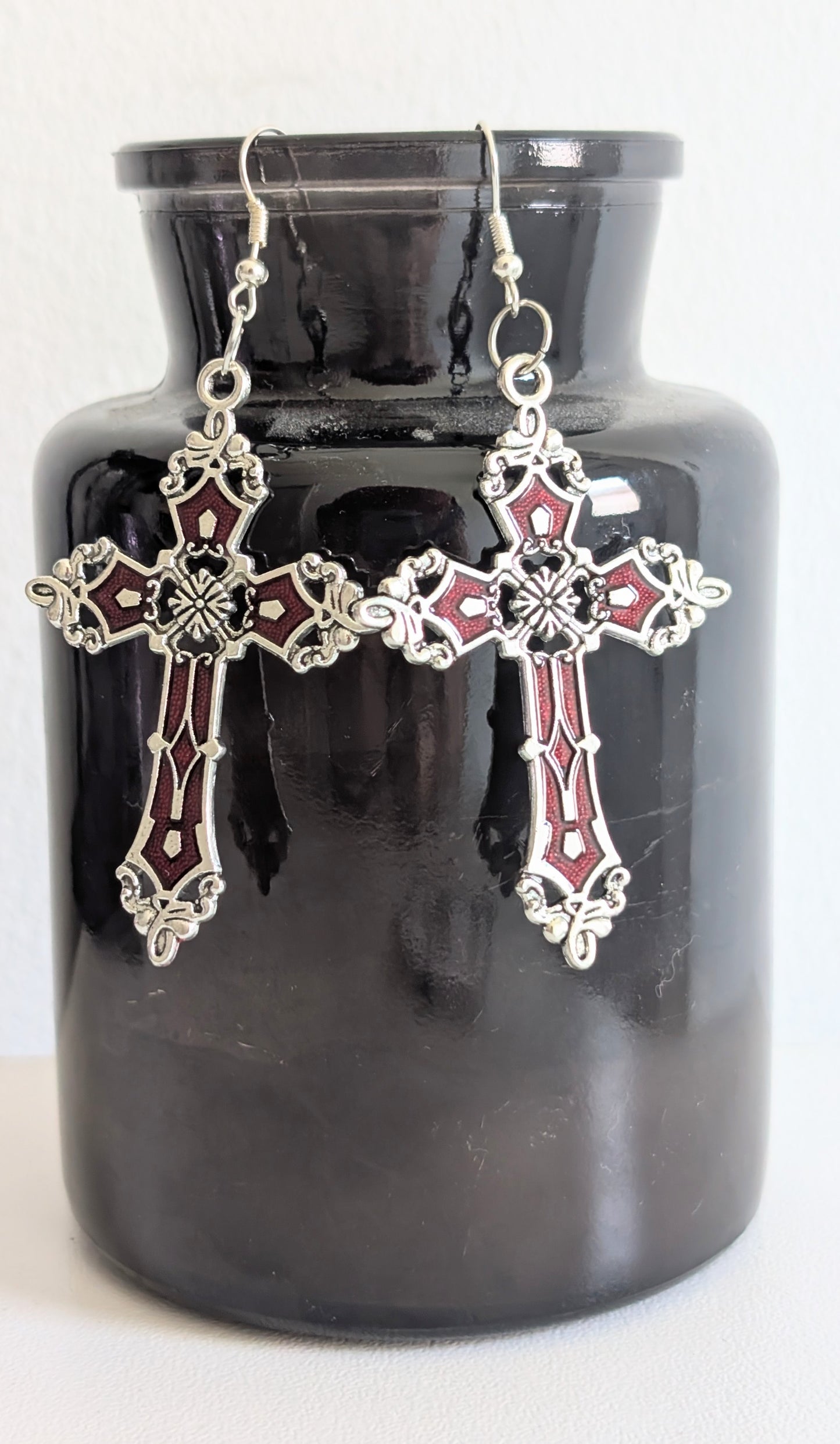 Hand-made red and silver large crucifix drop dangle earrings. Gothic Vampire Gift