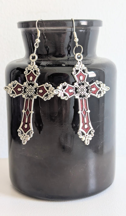 Hand-made red and silver large crucifix drop dangle earrings. Gothic Vampire Gift