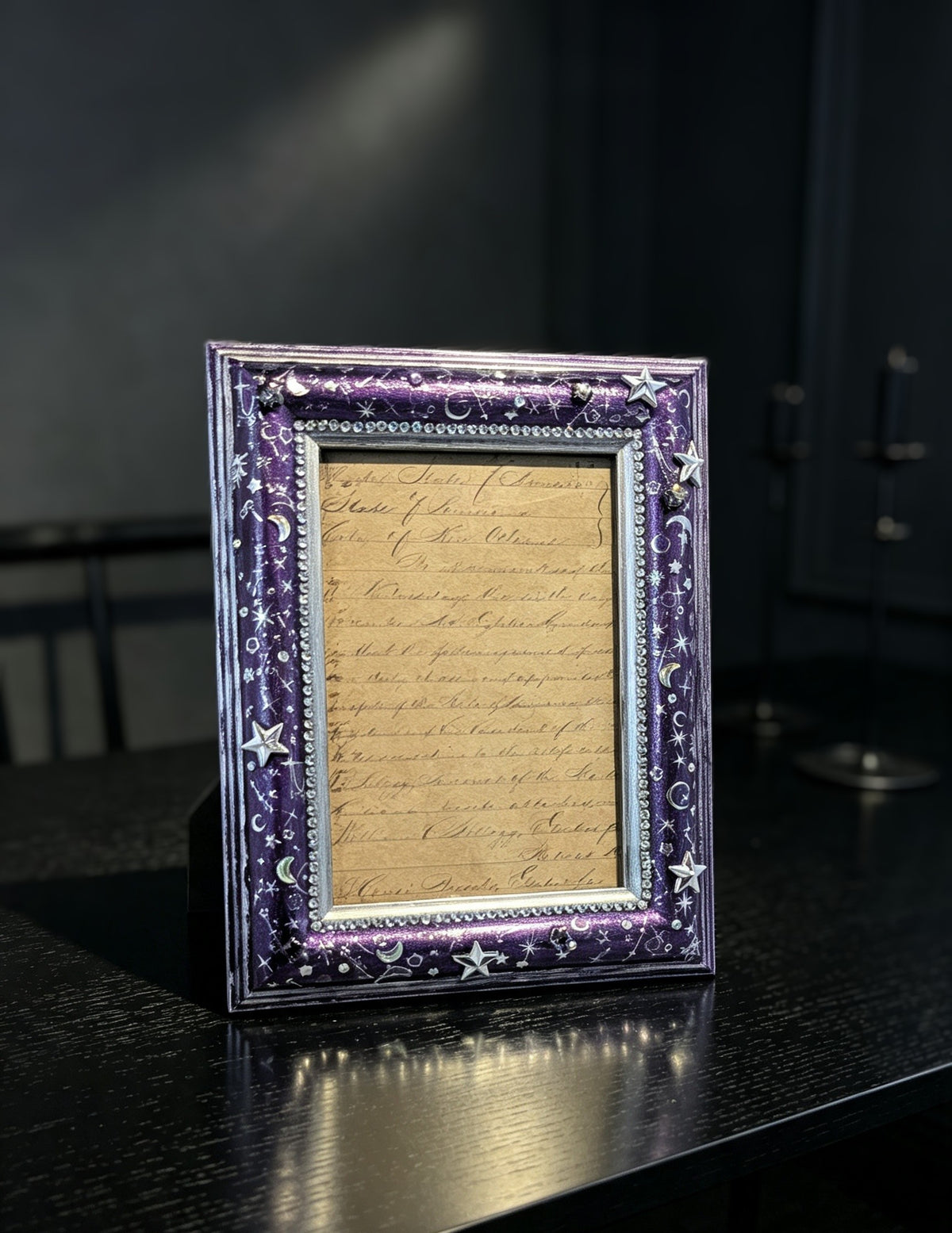 4 x 6" Picture Frame Portrait Freestanding. Metallic Purple and Silver Celestial with Diamante Design.
