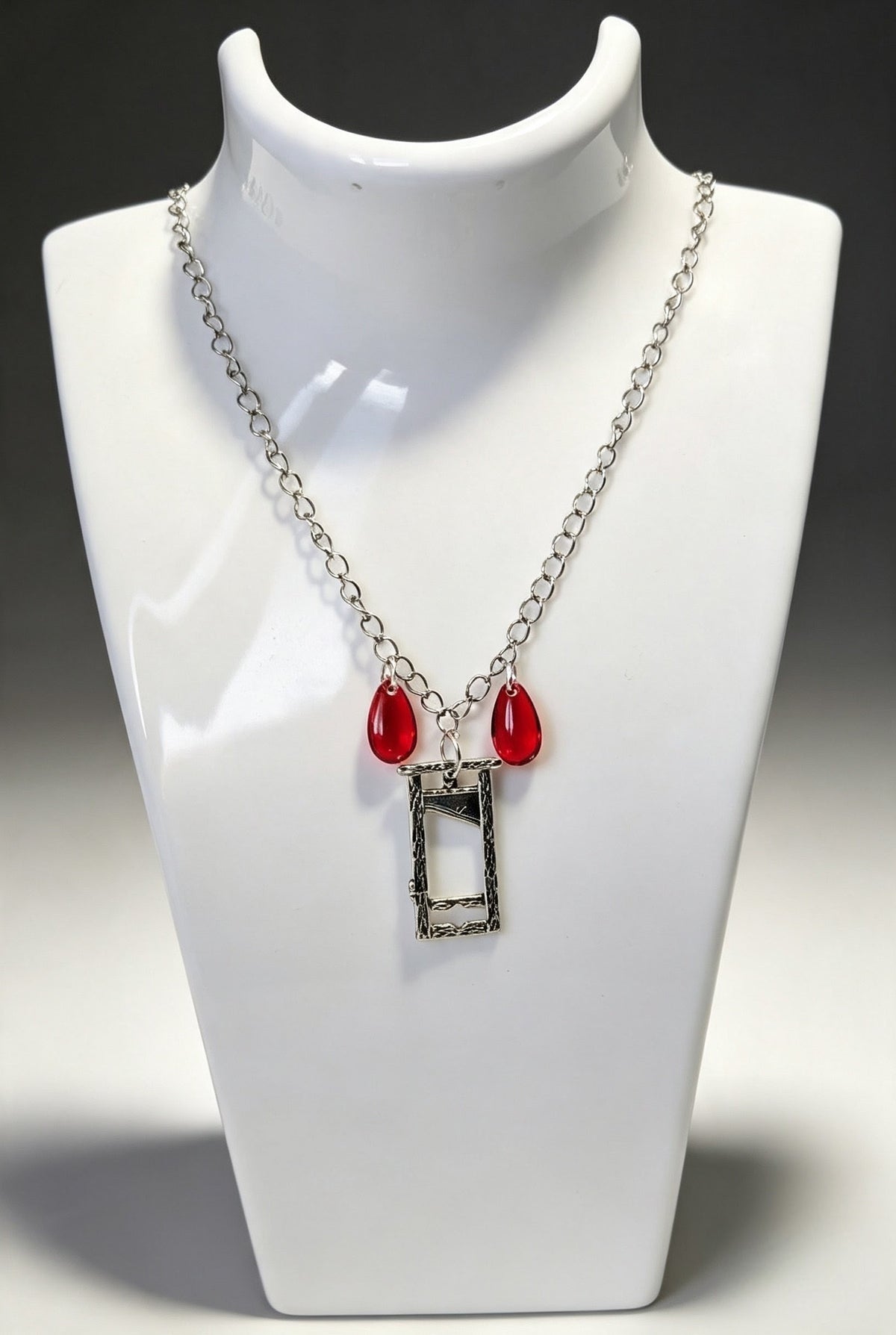 Handmade Guillotine Pendant and red drop Beads Necklace. Goth Teen Gift