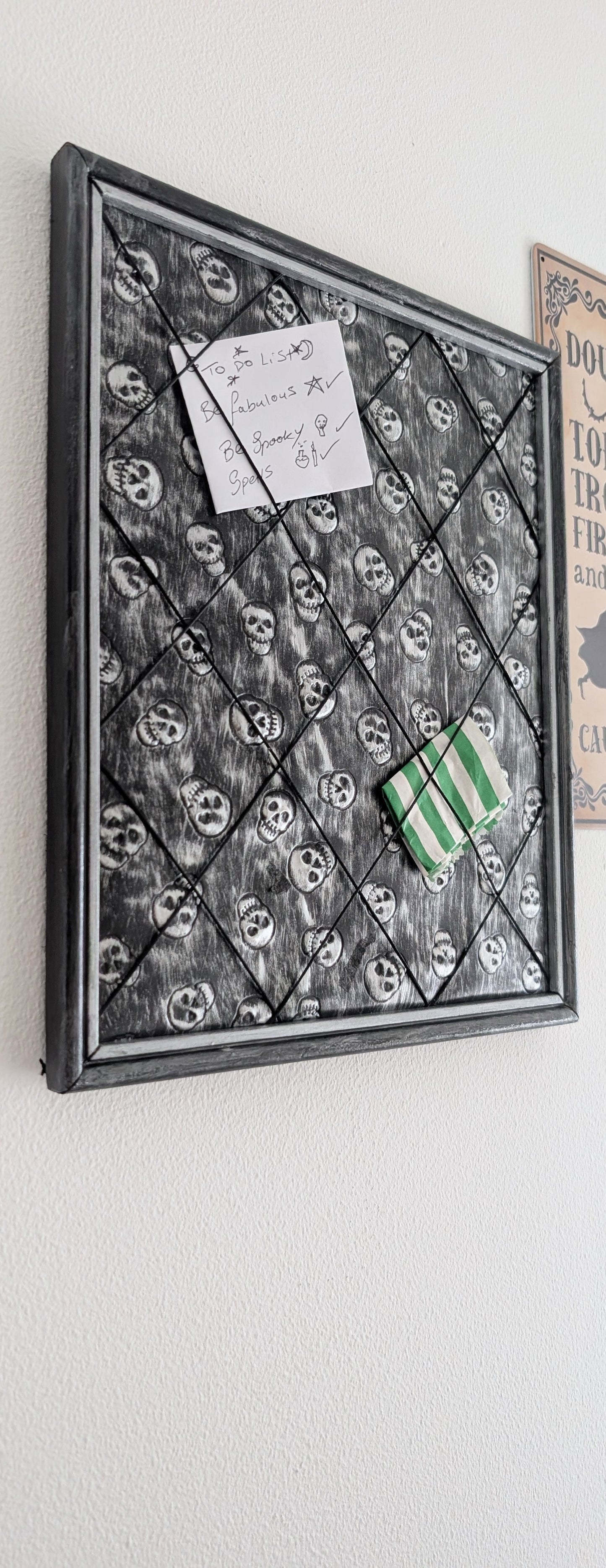Memo pin board Black Silver Skulls. Gothic Horror Home Decor