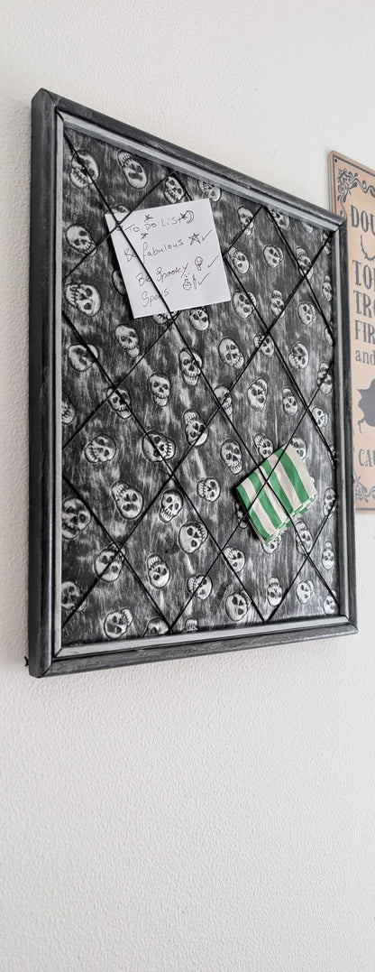 Memo pin board Black Silver Skulls. Gothic Horror Home Decor