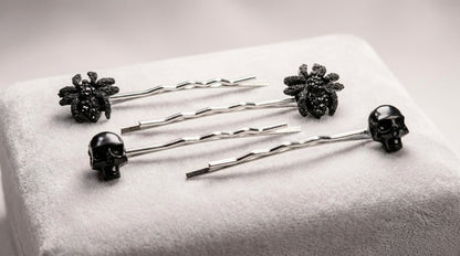 2 x Pairs of Handmade Gothic Hair Slides Black Skulls and Spiders. Goth Accessories